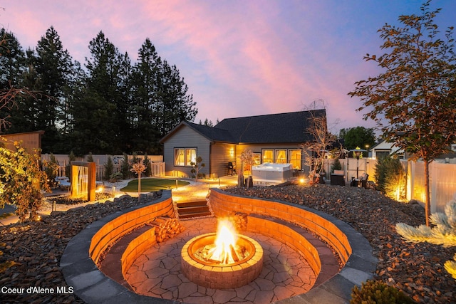 11387 N Armonia Way, Hayden Lake, ID 83835 - back of property with an outdoor fire pit, a hot tub, a fenced backyard, and a patio