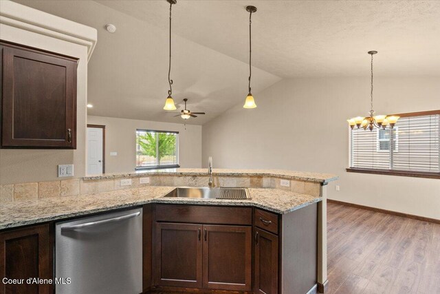 6463 W Conner St, Rathdrum, ID 83858 - kitchen featuring dishwasher, dark brown cabinetry, light wood-type flooring, vaulted ceiling, and a ceiling fan