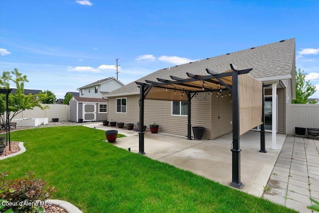 6463 W Conner St, Rathdrum, ID 83858 - back of property with a pergola, a shed, a patio area, a fenced backyard, and a shingled roof
