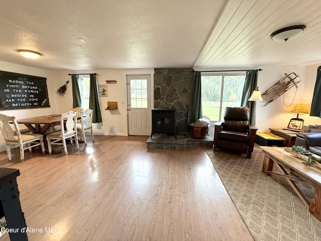 408 Quartz Crk Rd, Priest River, ID 83856 - living area with a wood stove, wood finished floors, and a textured ceiling