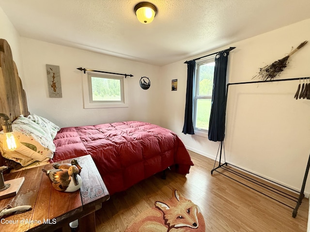 408 Quartz Crk Rd, Priest River, ID 83856 - bedroom featuring wood finished floors, multiple windows, a textured ceiling, and baseboards