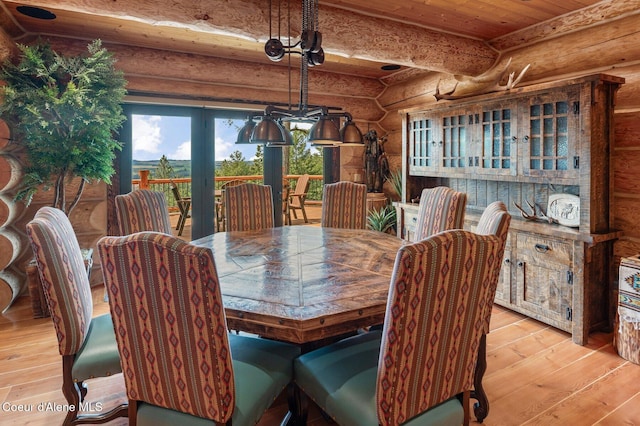 17442 S Painted Rose Rd, Worley, ID 83876 - dining space with rustic walls, hardwood / wood-style floors, and wood ceiling with exposed beams