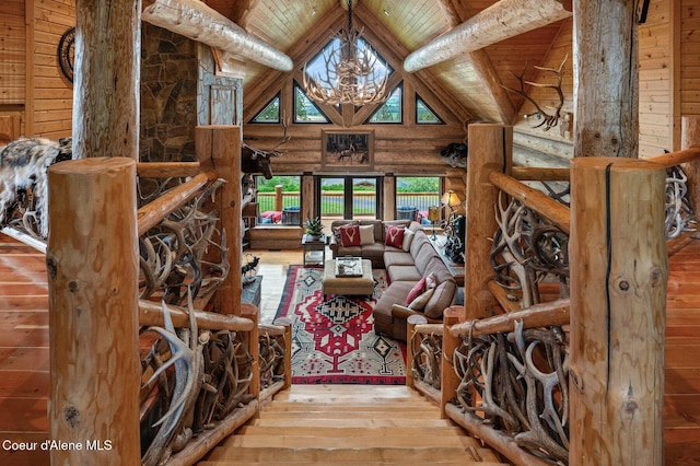 17442 S Painted Rose Rd, Worley, ID 83876 - living room featuring wooden ceiling, hardwood / wood-style floors, a chandelier, log walls, and wood walls