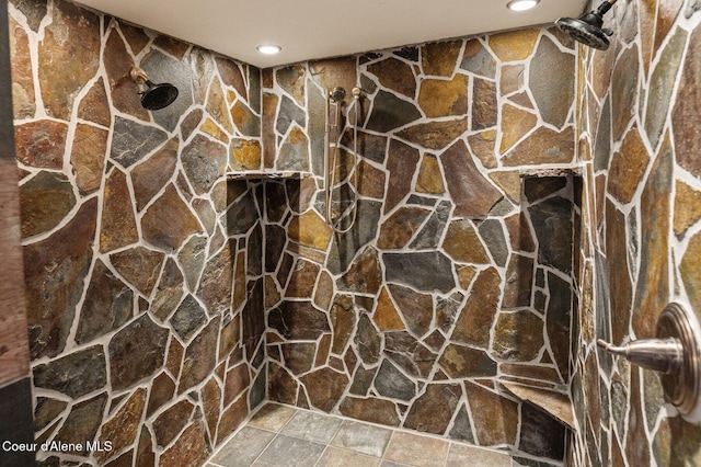 17442 S Painted Rose Rd, Worley, ID 83876 - full bathroom featuring a tile shower, recessed lighting, and stone finish floors