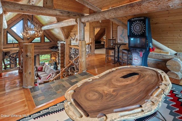 17442 S Painted Rose Rd, Worley, ID 83876 - living room with log walls, wood-type flooring, a chandelier, wooden ceiling with exposed beams, and high vaulted ceiling