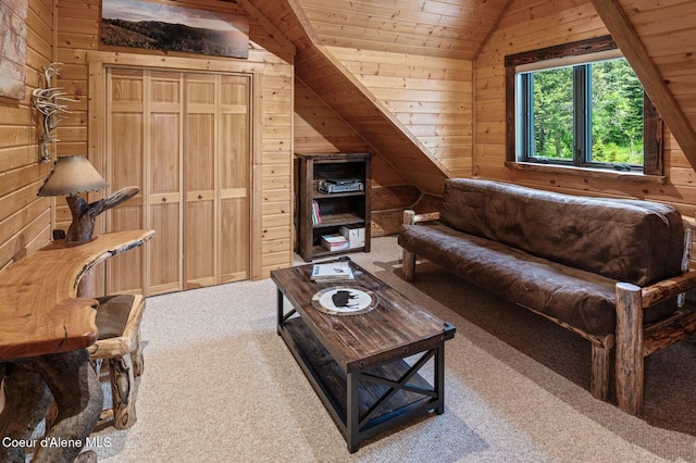 17442 S Painted Rose Rd, Worley, ID 83876 - living area featuring wood walls, carpet, vaulted ceiling, and wood ceiling