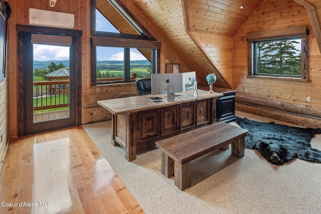 17442 S Painted Rose Rd, Worley, ID 83876 - office featuring lofted ceiling, healthy amount of natural light, wooden walls, wood ceiling, and a wall mounted air conditioner