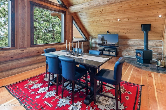 17442 S Painted Rose Rd, Worley, ID 83876 - dining room featuring hardwood / wood-style floors, lofted ceiling, a wood stove, wooden ceiling, and rustic walls