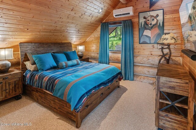 17442 S Painted Rose Rd, Worley, ID 83876 - bedroom featuring carpet flooring, vaulted ceiling, a wall mounted air conditioner, wood walls, and wood ceiling