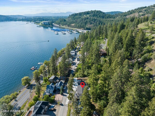 2406 S Silver Beach Rd, Coeur Dalene, ID 83814 - aerial view of property and surrounding area featuring a water and mountain view and a heavily wooded area