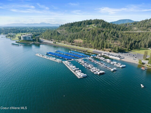 2406 S Silver Beach Rd, Coeur Dalene, ID 83814 - bird's eye view of a water and mountain view, a forest, and a marina
