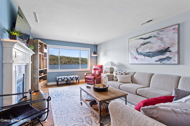 4797 S Arrow Point Dr Unit 104, Harrison, ID 83833 - living room featuring baseboards, wood finished floors, and a textured ceiling