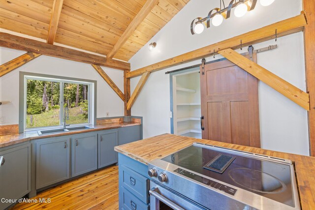 99 Broten Way, Sagle, ID 83860 - kitchen featuring stove, a sink, wooden ceiling, light wood-type flooring, and butcher block countertops