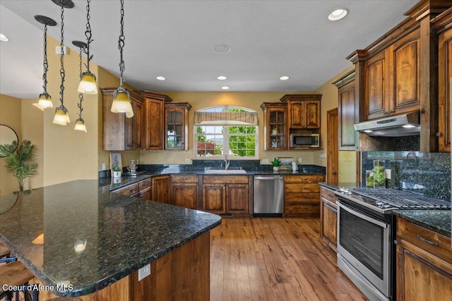 1874 W Polo Green Ave, Post Falls, ID 83854 - kitchen with appliances with stainless steel finishes, under cabinet range hood, a peninsula, light wood-style floors, and glass insert cabinets