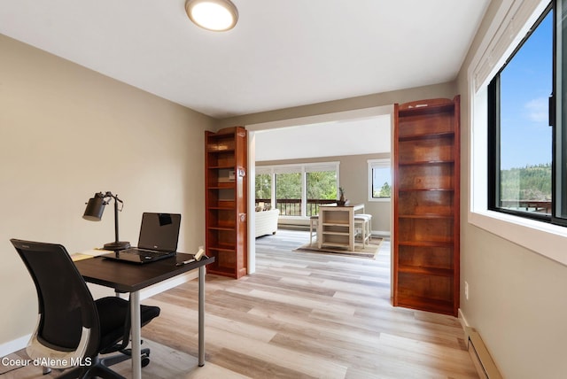 176 Swan Shores Dr, Sagle, ID 83860 - office area featuring light wood-style flooring, baseboards, and a baseboard heating unit