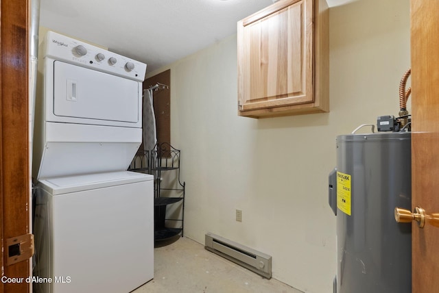 176 Swan Shores Dr, Sagle, ID 83860 - washroom with water heater, stacked washing machine and dryer, a baseboard heating unit, and cabinet space