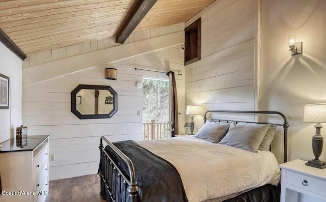 19118 St Joe River Rd, Calder, ID 83808 - bedroom with wood ceiling with exposed beams, dark wood-type flooring, wood walls, and access to outside