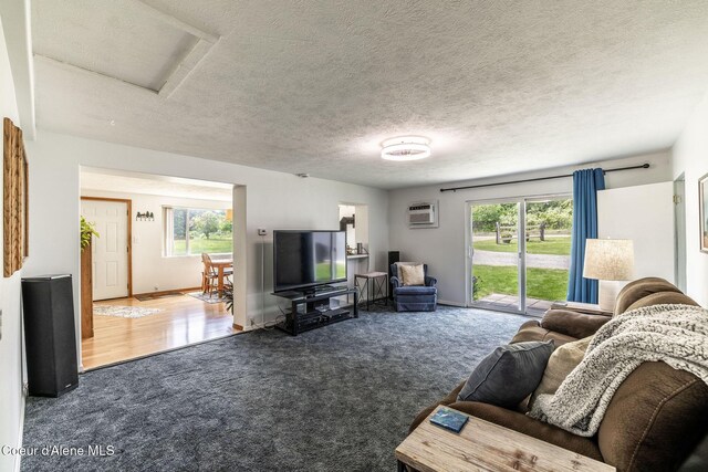 13744 N Hauser Lake Rd, Hauser, ID 83854 - carpeted living room with a wall unit AC, a textured ceiling, and baseboards
