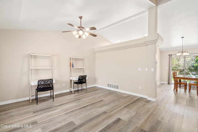 1800 N Willamette Dr, Post Falls, ID 83854 - sitting room featuring ceiling fan, a chandelier, wood finished floors, lofted ceiling, and baseboards