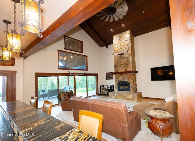 9057 W Benton Way, Coeur Dalene, ID 83814 - living area with high vaulted ceiling, a stone fireplace, and wood ceiling with exposed beams