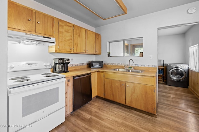 5739 W Maine St, Spirit Lake, ID 83869 - kitchen with black appliances, washer / clothes dryer, a sink, under cabinet range hood, and light countertops