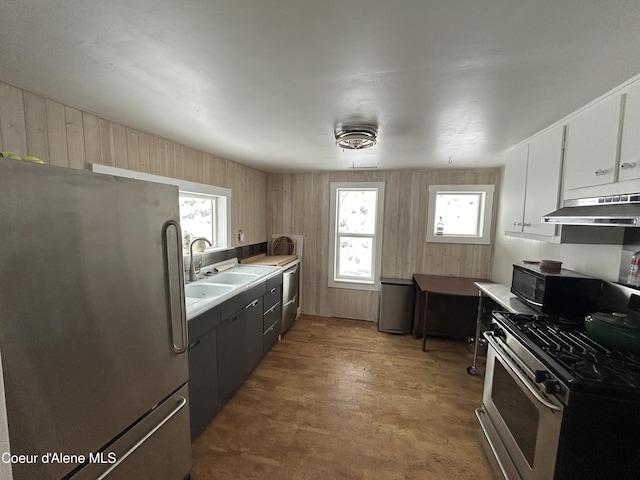 537 Pine St, Mullan, ID 83846 - kitchen featuring stainless steel appliances, under cabinet range hood, a sink, plenty of natural light, and wooden walls