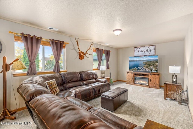 8558 N Boysenberry Loop, Hayden, ID 83835 - living area featuring carpet flooring, baseboards, healthy amount of natural light, and a textured ceiling