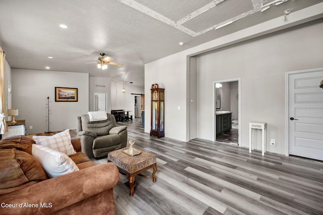1446 Sagle Creek Rd, Sagle, ID 83860 - living area with wood finished floors, ceiling fan, and recessed lighting
