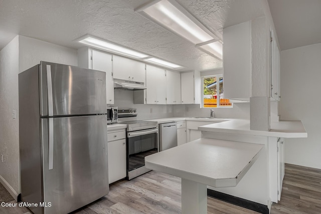 1611 E Birch St, Coeur Dalene, ID 83814 - kitchen with stainless steel appliances, light wood-type flooring, under cabinet range hood, a peninsula, and light countertops