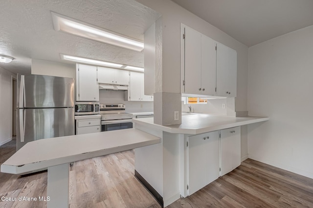 1611 E Birch St, Coeur Dalene, ID 83814 - kitchen with appliances with stainless steel finishes, under cabinet range hood, light countertops, a peninsula, and wood finished floors