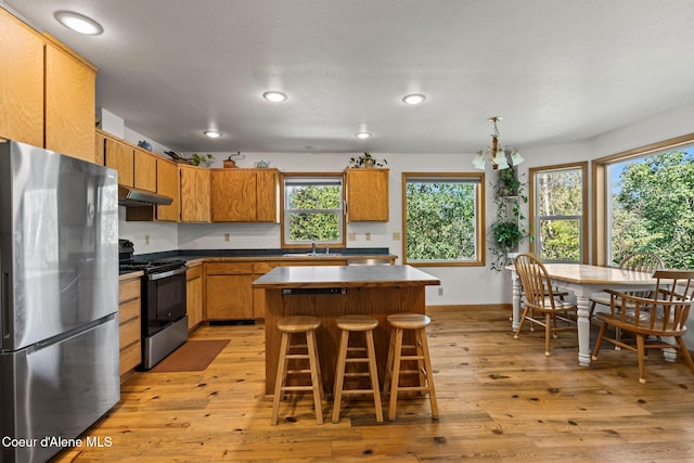 723 Trout Crk Rd, Sandpoint, ID 83864 - kitchen featuring stainless steel appliances, light wood finished floors, a center island, recessed lighting, and brown cabinets