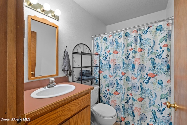 723 Trout Crk Rd, Sandpoint, ID 83864 - bathroom with vanity, a textured wall, and curtained shower