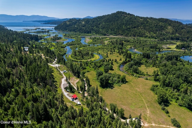 723 Trout Crk Rd, Sandpoint, ID 83864 - aerial view of property and surrounding area with a heavily wooded area and a water and mountain view
