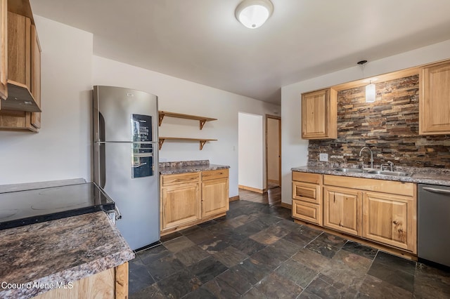 2016 N 7th St, Coeur Dalene, ID 83814 - kitchen with a sink, appliances with stainless steel finishes, backsplash, open shelves, and wall chimney exhaust hood