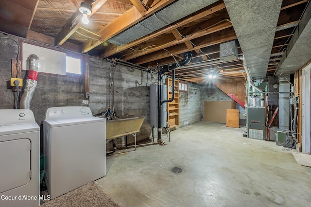 2016 N 7th St, Coeur Dalene, ID 83814 - below grade area featuring washing machine and dryer, a sink, water heater, and heating unit