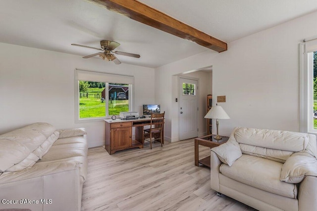 25024 N Derting Rd, Hayden, ID 83835 - living room featuring healthy amount of natural light, light wood-type flooring, an office area, a ceiling fan, and beam ceiling