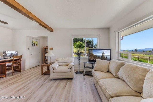 25024 N Derting Rd, Hayden, ID 83835 - living room featuring light wood finished floors, beamed ceiling, baseboards, and a mountain view