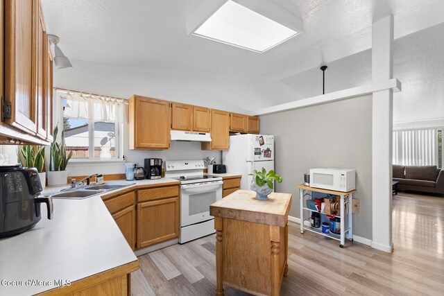 3149 N 12th St, Coeur Dalene, ID 83814 - kitchen featuring white appliances, under cabinet range hood, light wood finished floors, lofted ceiling, and a sink