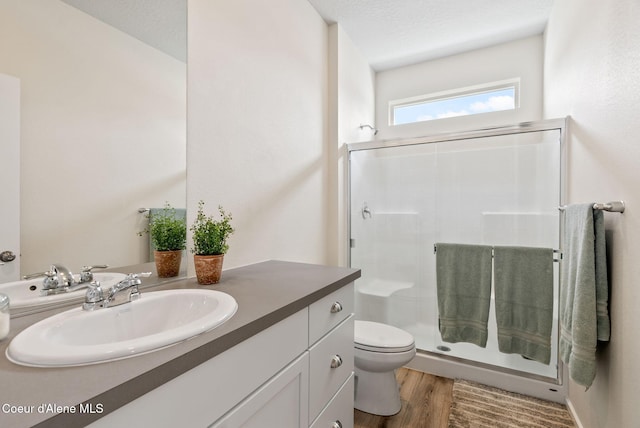 3062 N Coco St, Post Falls, ID 83854 - full bath featuring toilet, vanity, a shower stall, and wood finished floors
