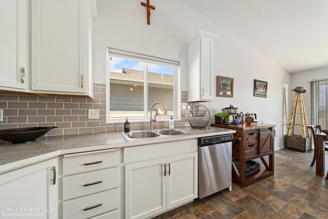 4281 N Shelburne Loop, Post Falls, ID 83854 - kitchen with dishwasher, a sink, decorative backsplash, white cabinetry, and dark stone finish flooring