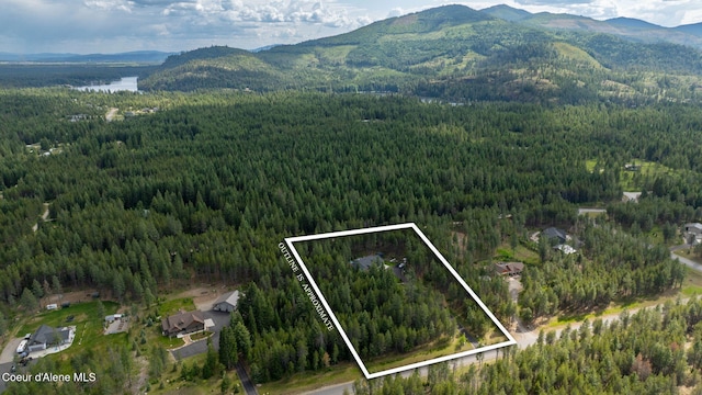 6036 W Sparrowhawk Dr, Rathdrum, ID 83858 - aerial overview of property's location featuring a forest, a mountain backdrop, and property boundaries highlighted