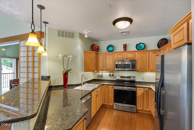 1010 E Mullan Ave Unit 202, Coeur Dalene, ID 83814 - kitchen with appliances with stainless steel finishes, a sink, a textured ceiling, a peninsula, and light wood-style flooring