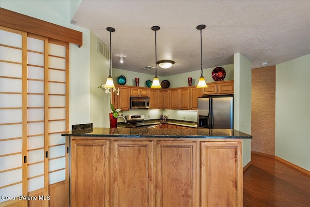 1010 E Mullan Ave Unit 202, Coeur Dalene, ID 83814 - kitchen featuring appliances with stainless steel finishes, wood finished floors, dark stone counters, a peninsula, and decorative light fixtures