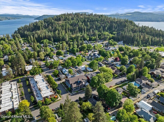 1010 E Mullan Ave Unit 202, Coeur Dalene, ID 83814 - aerial view of property and surrounding area featuring a water and mountain view and a forest