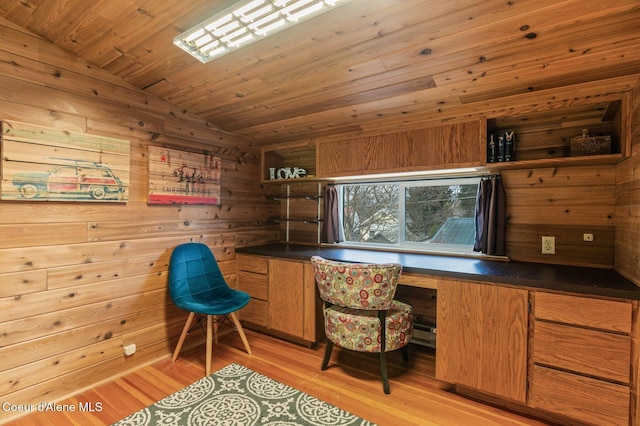 721 N A St, Coeur Dalene, ID 83814 - office space featuring vaulted ceiling, light wood finished floors, wood walls, wood ceiling, and built in desk