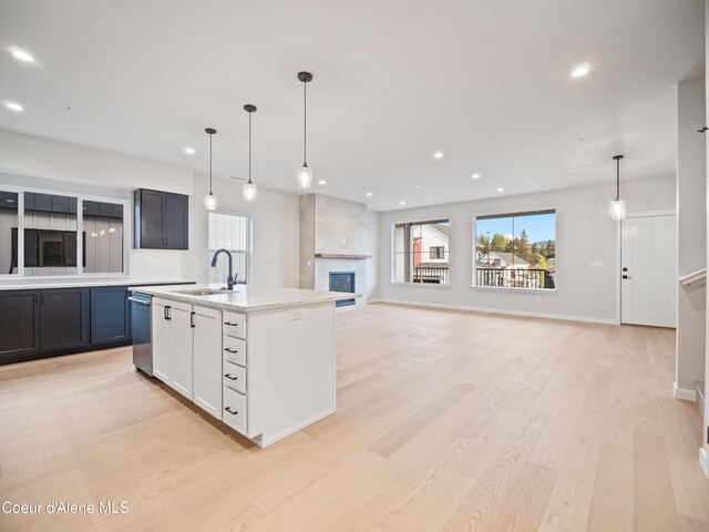 997 E Railroad Ave, Post Falls, ID 83854 - kitchen featuring a sink, stainless steel dishwasher, a large fireplace, light wood-style flooring, and recessed lighting