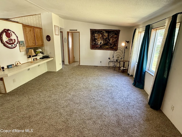 1068 Moon Gulch Rd, Kellogg, ID 83837 - unfurnished living room featuring carpet flooring, vaulted ceiling, and a textured ceiling