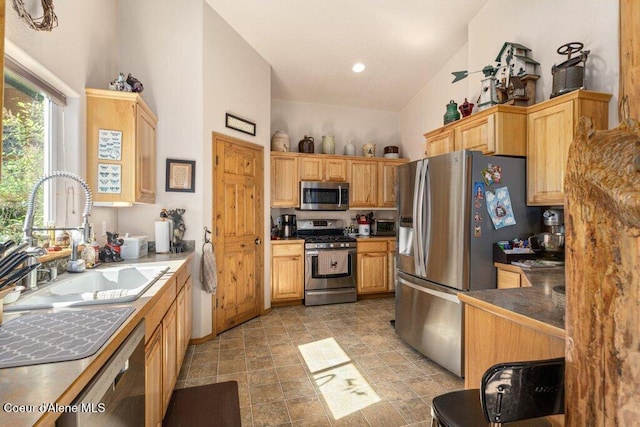 17461 N Right Fork Rd, Hauser, ID 83854 - kitchen with stainless steel appliances, a sink, a towering ceiling, and light brown cabinetry