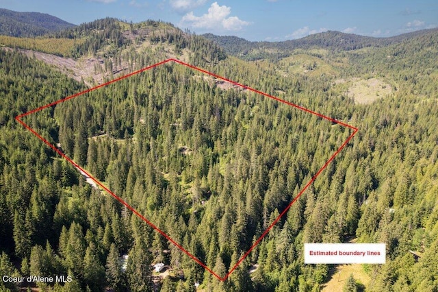 17461 N Right Fork Rd, Hauser, ID 83854 - aerial view of property's location featuring a heavily wooded area, a mountain backdrop, and property parcel outlined
