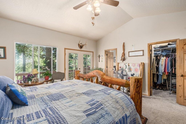 17461 N Right Fork Rd, Hauser, ID 83854 - carpeted bedroom with french doors, vaulted ceiling, a spacious closet, ceiling fan, and access to outside